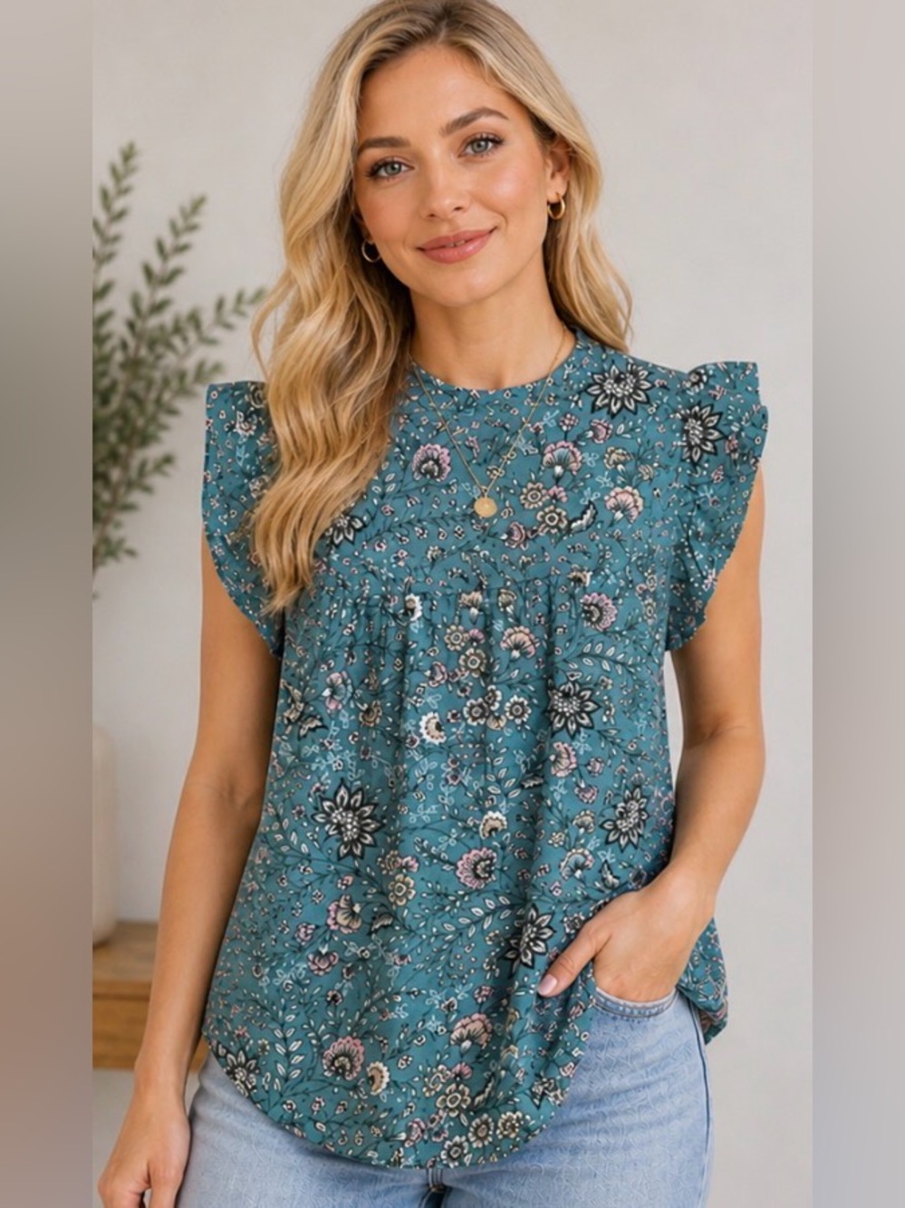 DR2 XS Teal Floral Blouse Ruffle Sleeve Boho Peplum Top Lightweight. So feminine